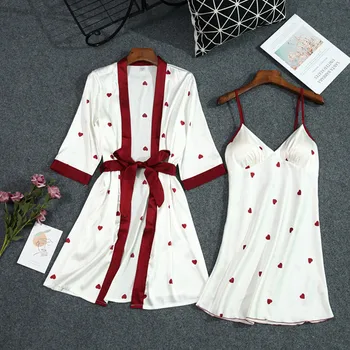 

Summer New Print Women Robe Set With Belt Chest Pad Sexy Bathrobe Satin Soft Touch Pyjamas