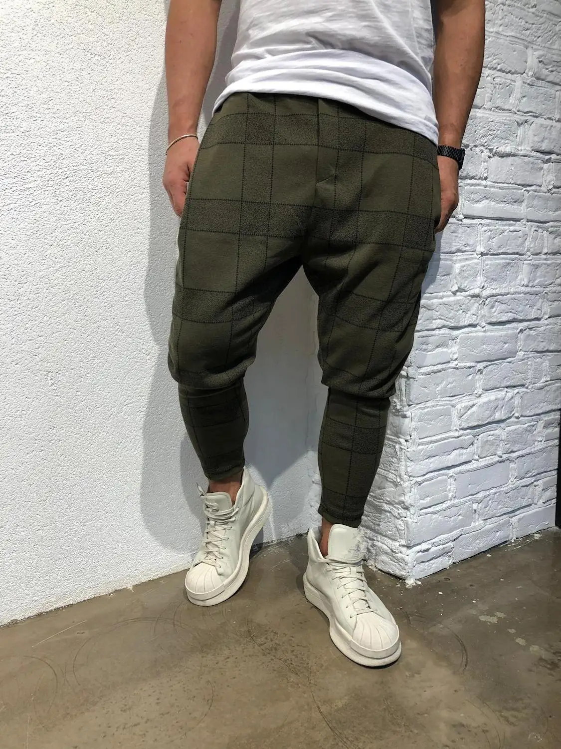 Army green Мужские модные квадратные клетчатые повседневные брюки-карандаш с 3D цифровой печатью, мужские брюки с эластичной талией градиентного цвета - Цвет: Army green