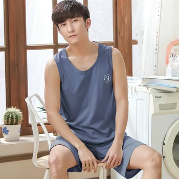 

5XL Sleeveless Pajamas Set Men Fashion 2020 Large Size Pure Color Summer Modal Loose Breathable High Quality Vest Sleepwear Set