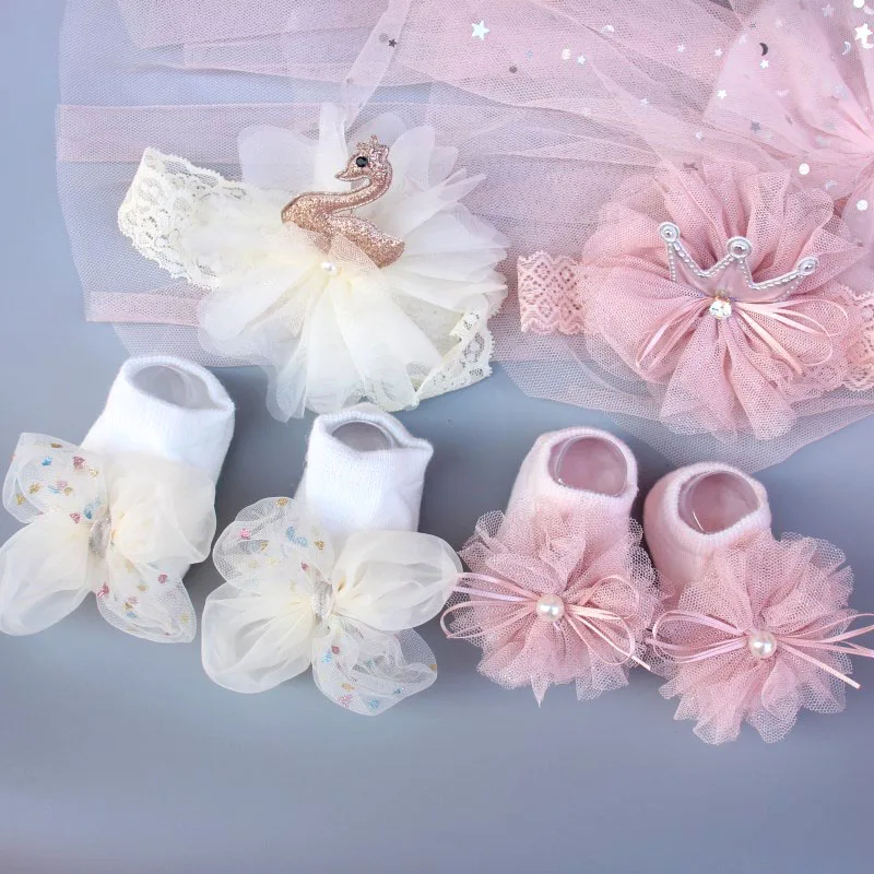 Elastic Bab Headband Socks Set 2 Pcs/Set Lace Flower Newborn Girl Short Socks Bow Crown Infant Baby Turban