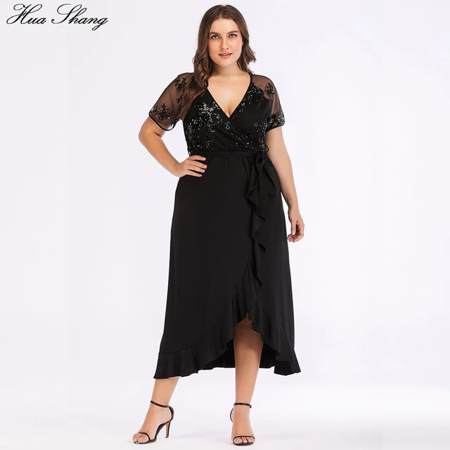 Women Summer Casual Dress Plus Size Female V Neck Short Sleeve Sequied Party Dresses Ruffles Irregular Maxi Long Dress 2