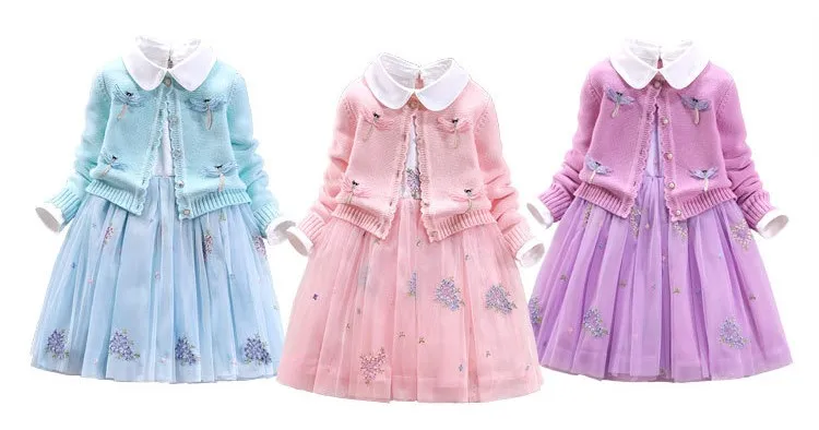 Spring/Autumn Children girl's sets Princess skirt cotton three-piece suit children's sets cardigan sweater