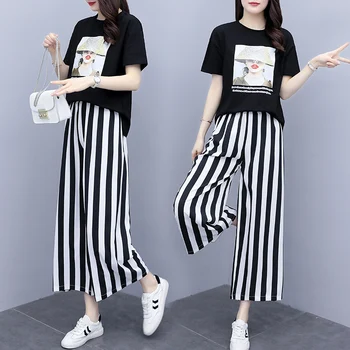 

Kpop Summer 2 Piece Set Women Fashion Graghic TShirt Tops + Striped Wide Leg Pants Casual Woman Matching Set Ropa De Mujer 2020