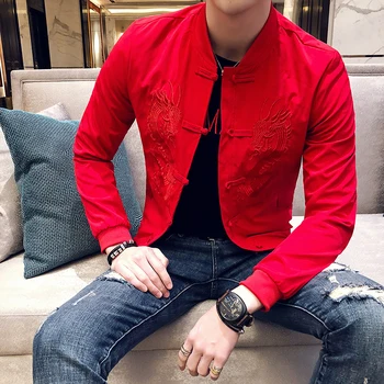 

Men's Chinese Style Retro Dragon Embroidery Slim Fit Jacket Spring Coats Black Tops Outwear E50