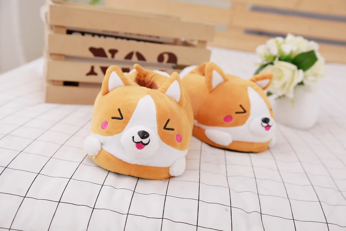 Lovely Corgi Shoes Heeled Cartoon Animals Dog Slippers Plush Indoor Floor Shoes Anti-slip Girls Ladies Friend Gift