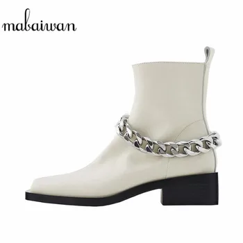 

Mabaiwan New Design White Square Toe Ankle Boots Women Platform High Heel Shoes Metal Chains Chelsea Motorcycle Winter Zip Boots