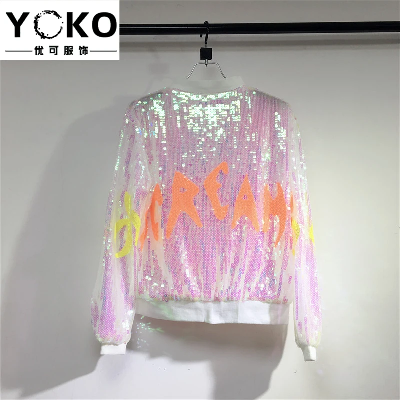 YOKO весна и осень новая мода письма блёстки дикая куртка с длинными рукавами кардиган рубашка маленькое пальто бейсбольная форма Женская