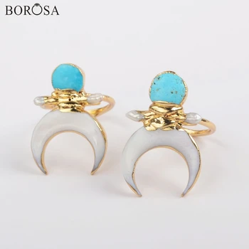 

BOROSA 5Pcs Bohemian Gold Plating White Shell Crescent Handmade Rings Natural Turquoises & Pearl Adjustable Women Rings G1862