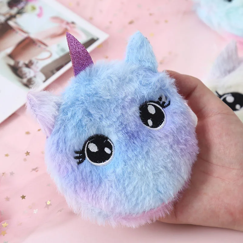 Cute Cartoon Plush Unicorn Coin Purse Cat Fur Circle Wallet Girl Clutch Embroidered Bag Key Earphone Organizer Bags Kids Gift
