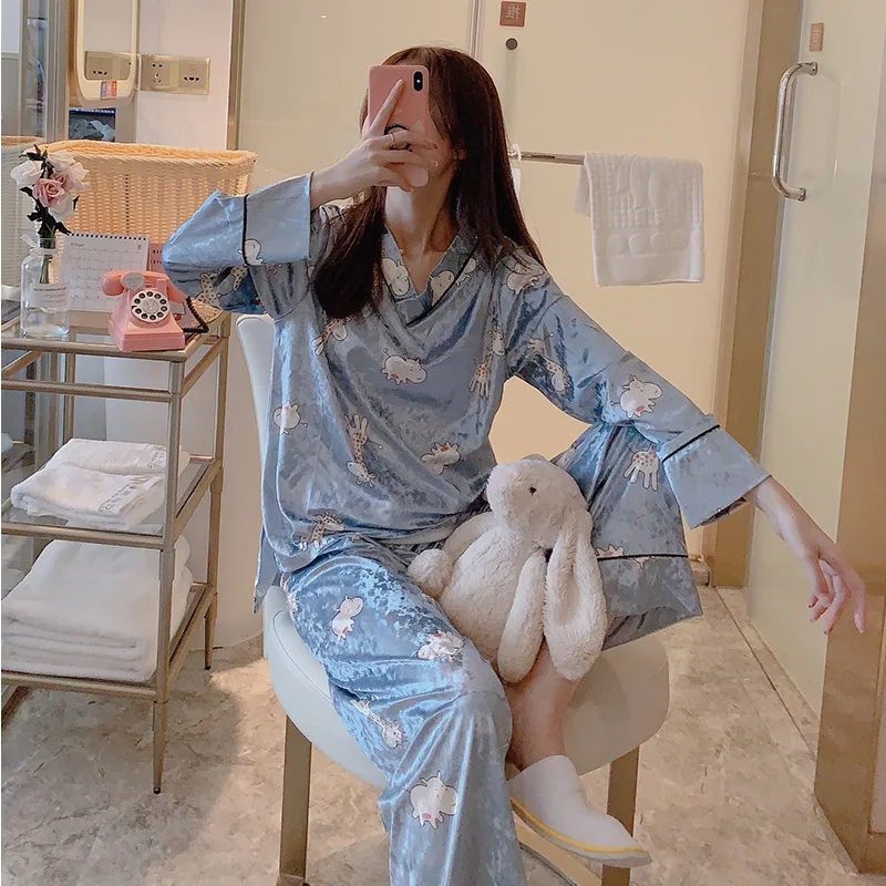 

Coral Velvet Pajamas Female Spring Autumn And Winter Thin Gold Velvet Long Sleeve Two-Piece Set Japanese-style Loose-Fit Cute Ho