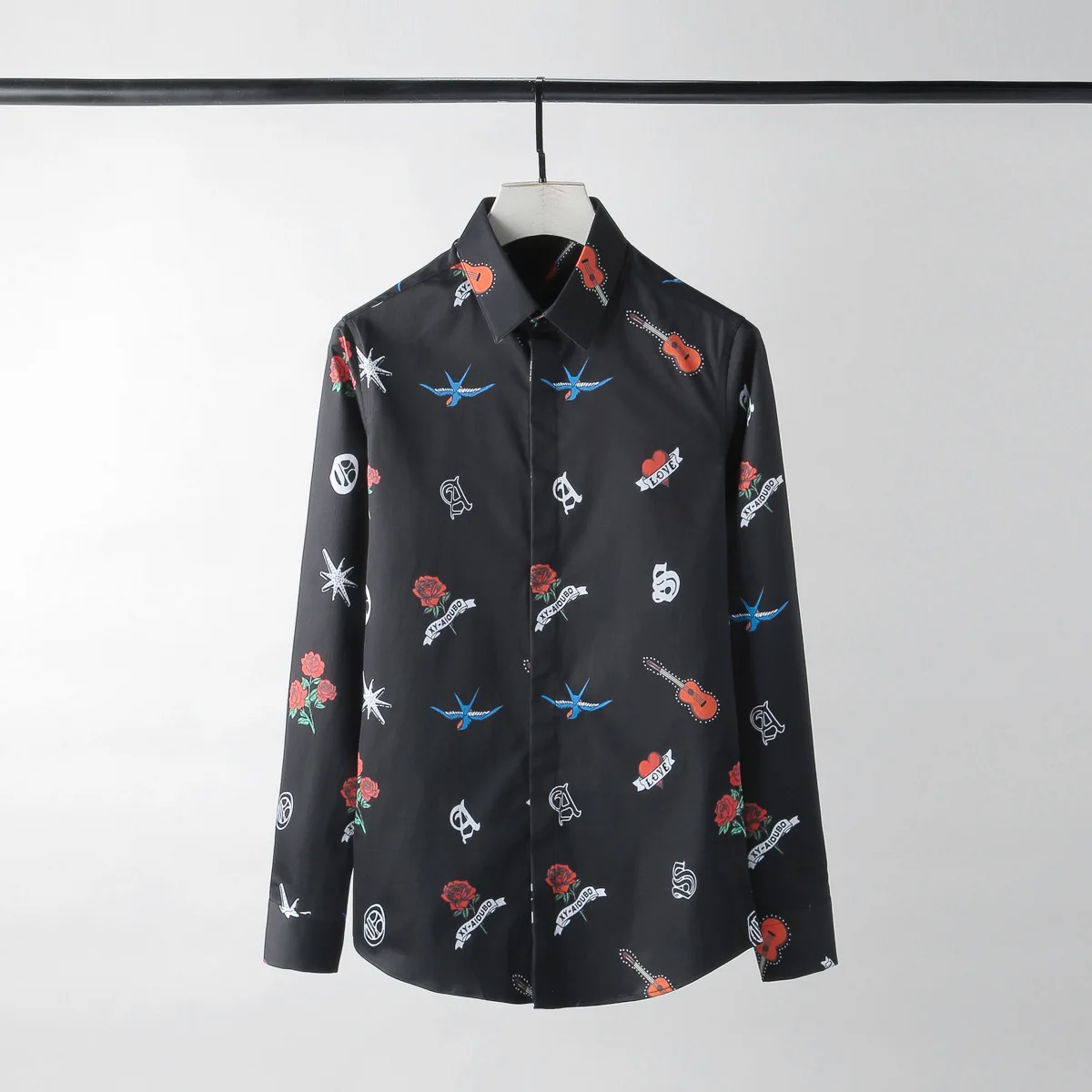 

Allover Printing Plus Size 4xl Flower Long Sleeve Party Mens Dress Camisa Masculina Slim Shirts Man