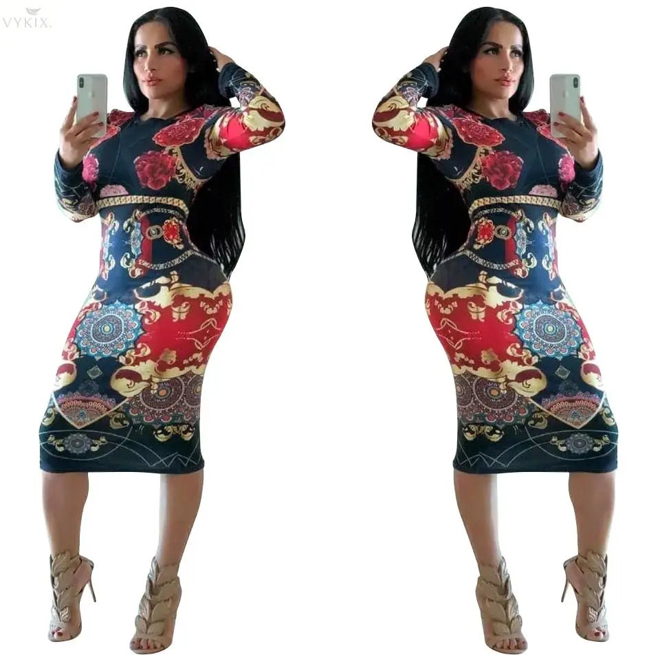 Womens Dress Night Club Dress Printed Elastic Waist Pullover O Neck Sexy Dress Long Sleeve Pencil Mini Dress Bodycon Dress Women