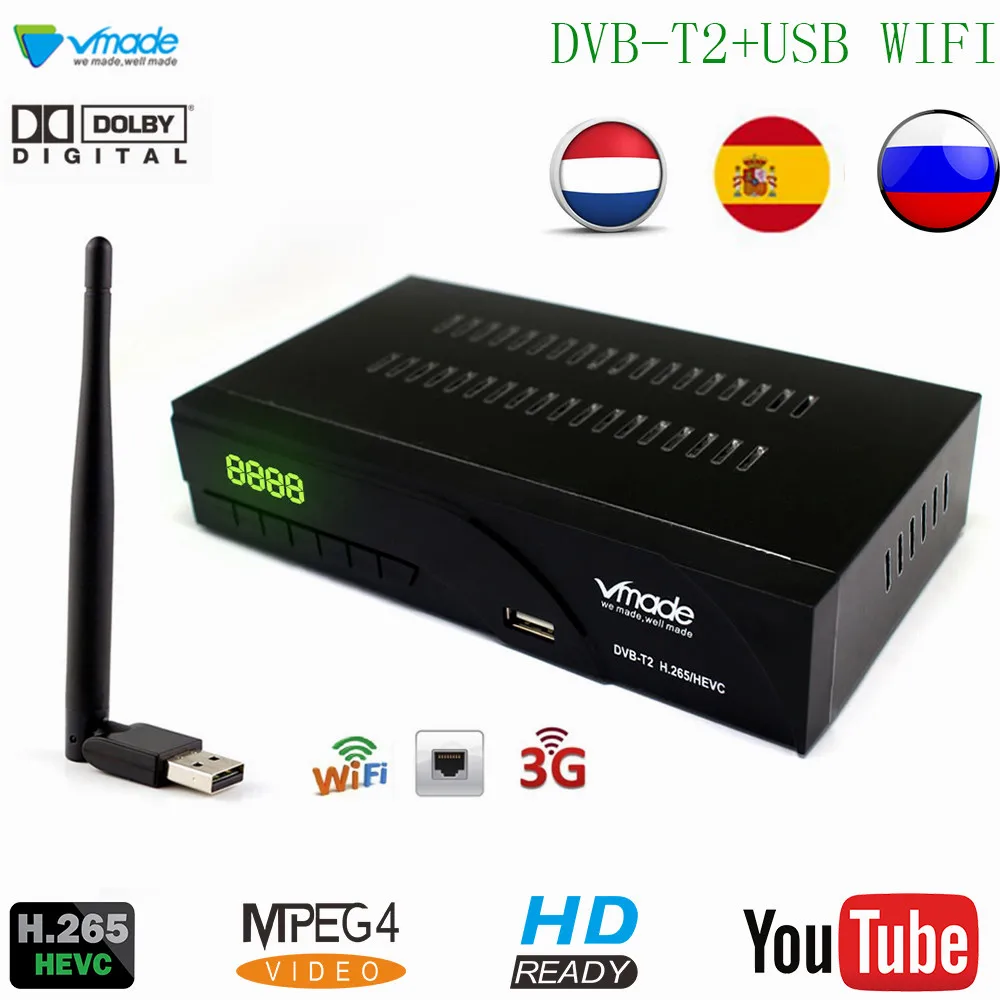 Vmade DVB-T2/T H.265/HEVC HD 1080P цифровой наземный ТВ приемник Поддержка RJ45 сеть Dolby AC3+ wifi Stardard телеприставка