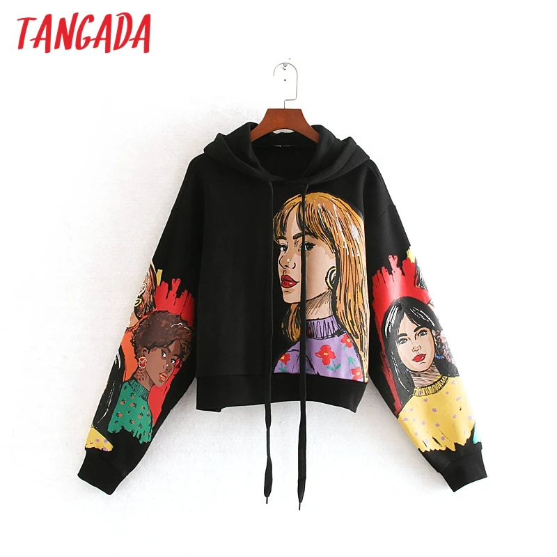  Tangada women charater print black sweatshirts oversize long sleeve O neck loose pullovers casual f