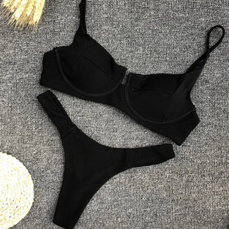 Conjunto de Bikini acolchado con realce para mujer, ceñido traje elástico de cintura baja, Tanga, negro y blanco
