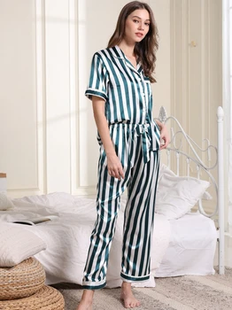 

Sleepwear Suit Summer Short Sleeve Sleepwear stripes Sleepwear with Cause Long Trousers Open-top Sleepwear and Loose Sleepwear