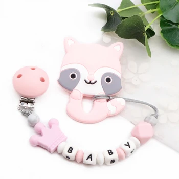 

Silicone Baby Pacifier Chain Personalized Name Raccoon Teething Chain Baby Teether Eco-friendly Baby Pacifier Clips Holder Chain
