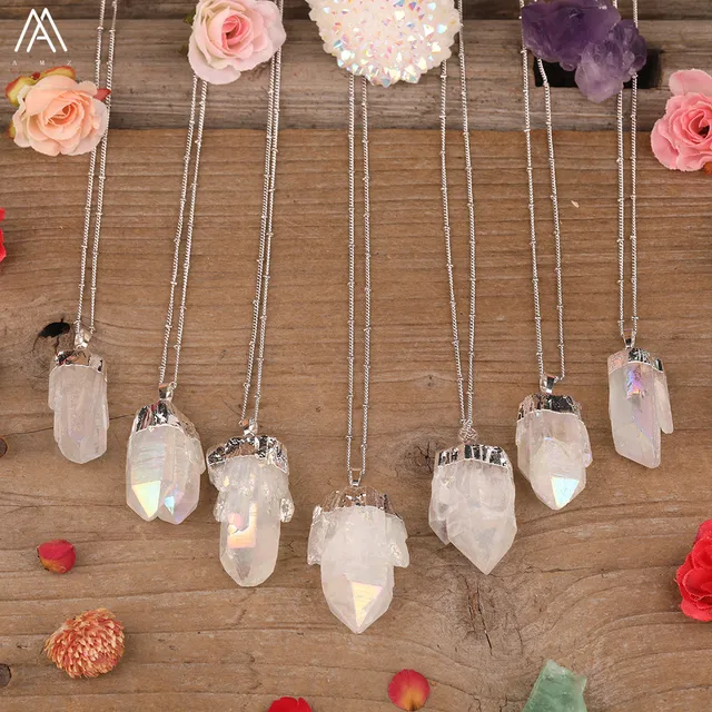 Titanium AB Natural White Quartz Irregular Point Pendant Gold Chains Necklace For Women Quartz Crystal Beads Adjustable Necklace Silvery