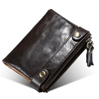 

Men Retro Double Zip Wallet Rfid Lock Card Holder Genuine Leather Men Wallet Purse Short Coin Real Leather Purse