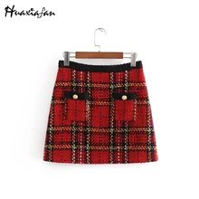 Huaxiafan Женская юбка красная винтажная Женская твидовая мини-юбка модная женская клетчатая Женская Лоскутная юбка falda для девочек с высокой талией