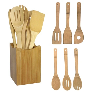 

6 Pieces Bamboo Spoon Spatula Kitchen Utensil Wooden Cooking ToolSpoon Spatula Mixing Mixing Set