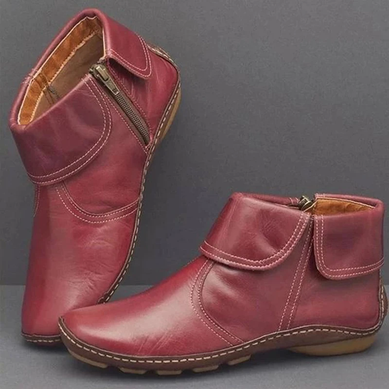 

Hot Selling Female PU Leather Boots Round Toe Side Zipper Warm Water Resistant Casual Booties -B5