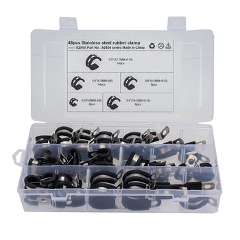 

48pcs/box Durable Practical Multi-functional Classic Assorted Stainless Steel Rubber Cushioned Cable Pipe Clamps 5 Sizes