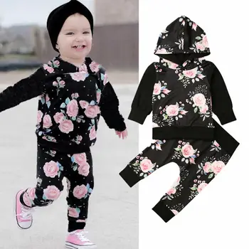

Newborn Baby Girls Kid Top black Hooded Pullover tops Trousers Pants Autumn cool 2PCS Clothes