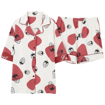 

Women Sweet Style Clothes Harajuku Strawberry Printed Blouse Shirts And Shorts Sets Cotton Korean Kpop Style Sleepwear Pyjamas