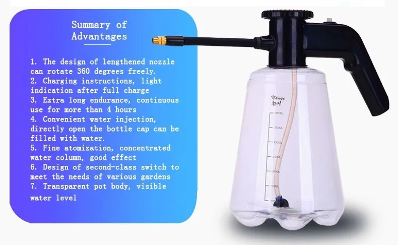 2L прозрачный садовый Электрический распылитель с длинной насадкой для рта, высокая бутылка с пневматическим разбрызгивателем, садовый поливальник для цветов, горшок для воды