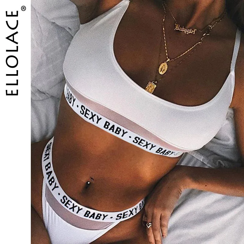 

Ellolace Fashion Underwear Letter Mesh Patchwork Sexy Women Set Lingerie Underwear G-String Set Lingerie Solid Femme Lingerie