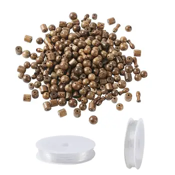 

DIY Bracelets Jewelry Kits with 600pcs Camel Round & Column & Vase Wood Beads 2 rolls White Elastic Crystal Thread