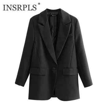 

INSRPLS Women Fashion Office Wear Single Button Blazer Coat Vintage Long Sleeve Pockets Female Outerwear Chic Tops