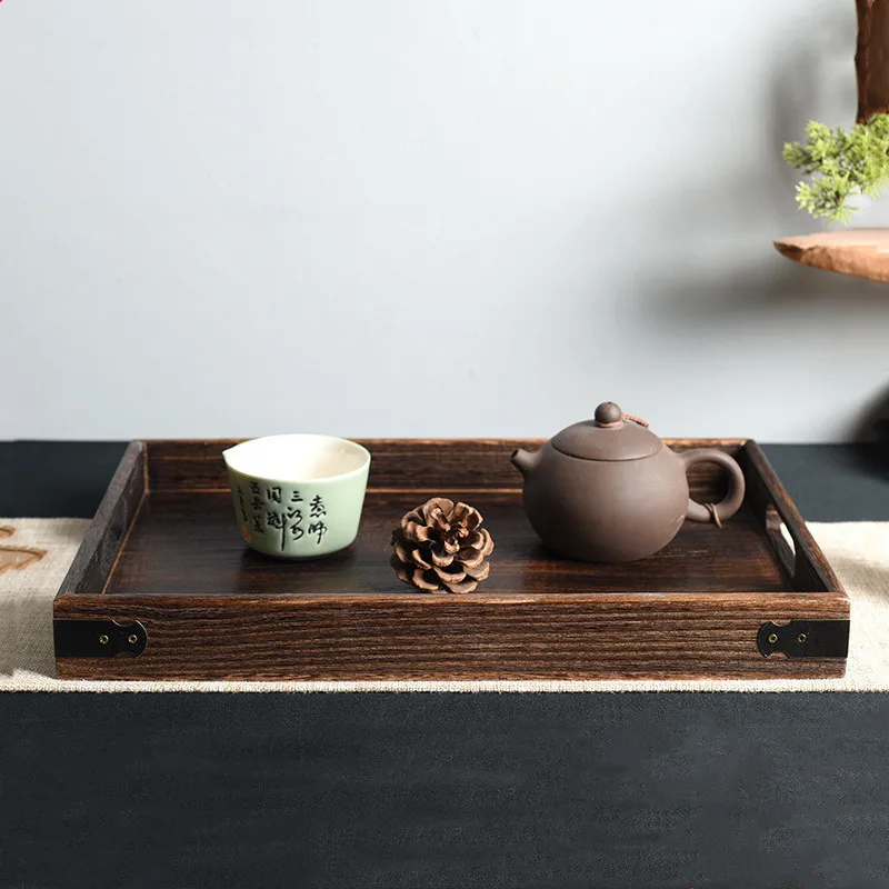 

Retro Solid Wooden Storage Tray Tableware Dinner Breakfast Teapot Holder Tray Rectangular Fruit Snack Plate For Home Hotel