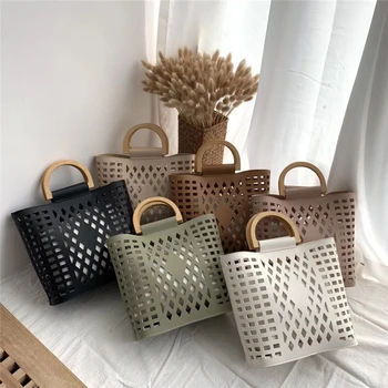 

Casual Hollow Out Women Handbags Designer Wooden Handle Shoulder Crossbody Bag Luxury Pu Leather Summer Beach Purses Large Totes