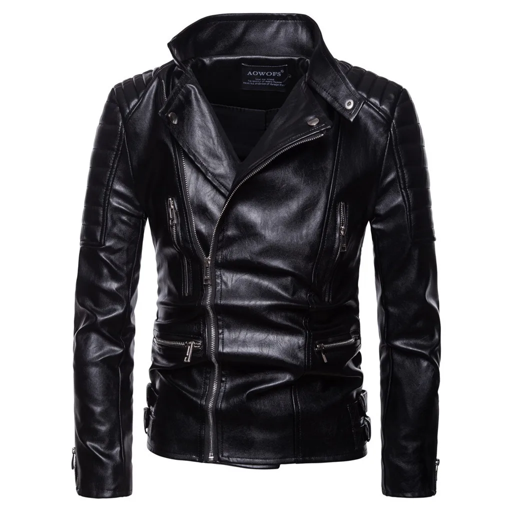 Мужская кожаная куртка, зимняя водонепроницаемая куртка из искусственного меха, Мужская Готическая кожаная мотоциклетная куртка, готическая Черная куртка на молнии - Цвет: Черный