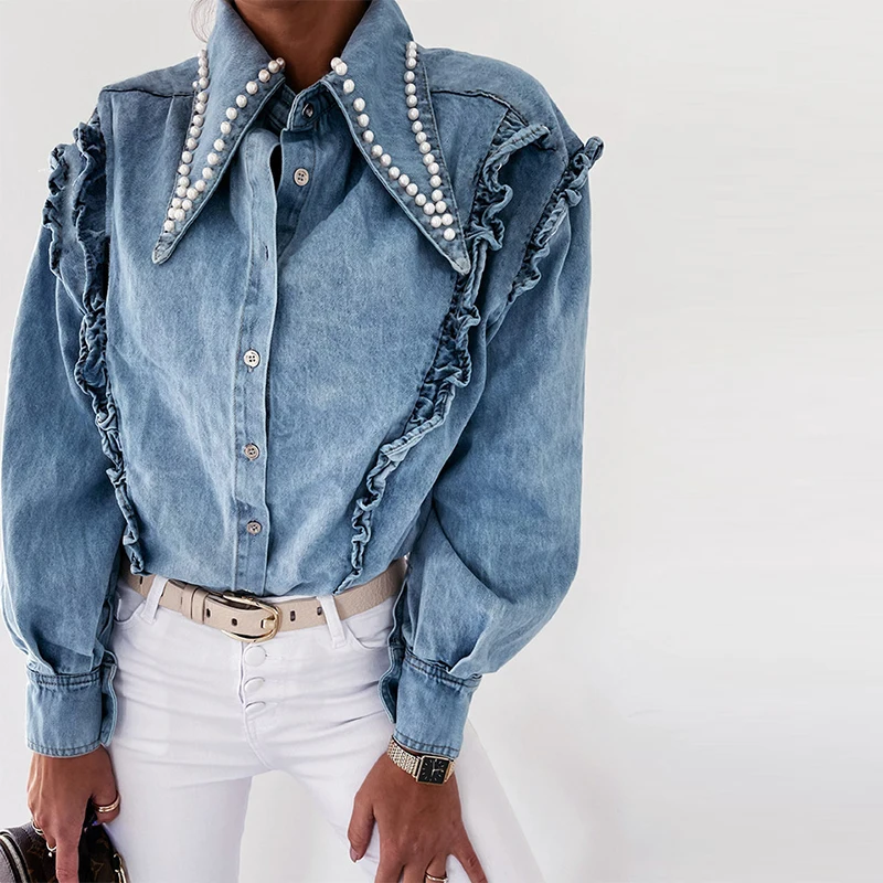 Denim shirt with pearl collar Clearance