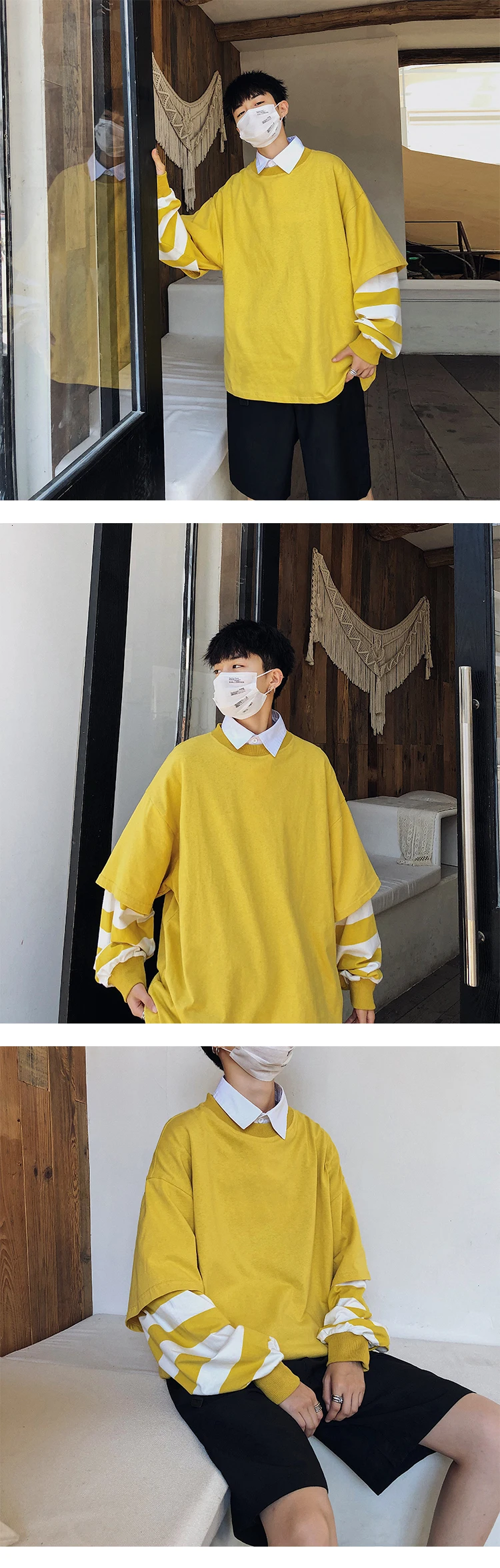 Autumn/winter new slim solid color patchwork long-sleeved sweatshirt loose casual round collar personality youth men's wear