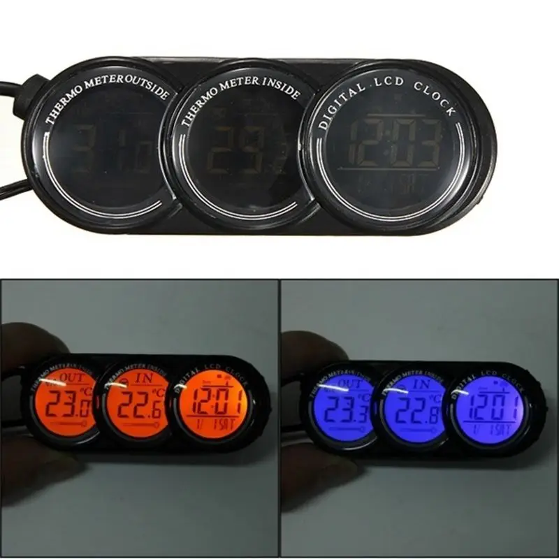 12V 24V 3 in 1 Auto Car LCD Digital Inside Outside Clock Temperature