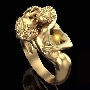 

Fashion Carved Figures Adam and Eve Embrace Rings for Women Gold Couple Kiss Love Sculpture Ring Men Boho Metal Jewelry