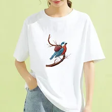 

Cute O-Neck Colored Bird Fashion Casual 90s Print T Tee Womens White Tshirt Loose Female Cloth Top Graphic T-shirts Oil Painting