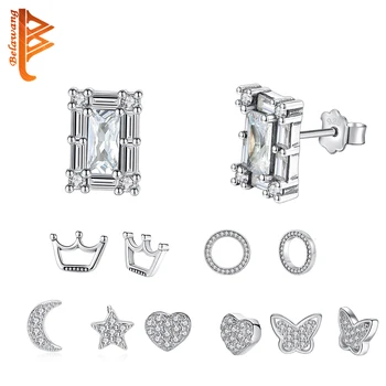 

BELAWANG Fashion 925 Sterling Silver Earrings for Women Crystal Butterfly Heart Square Star Stud Earrings Wedding Silver Jewelry