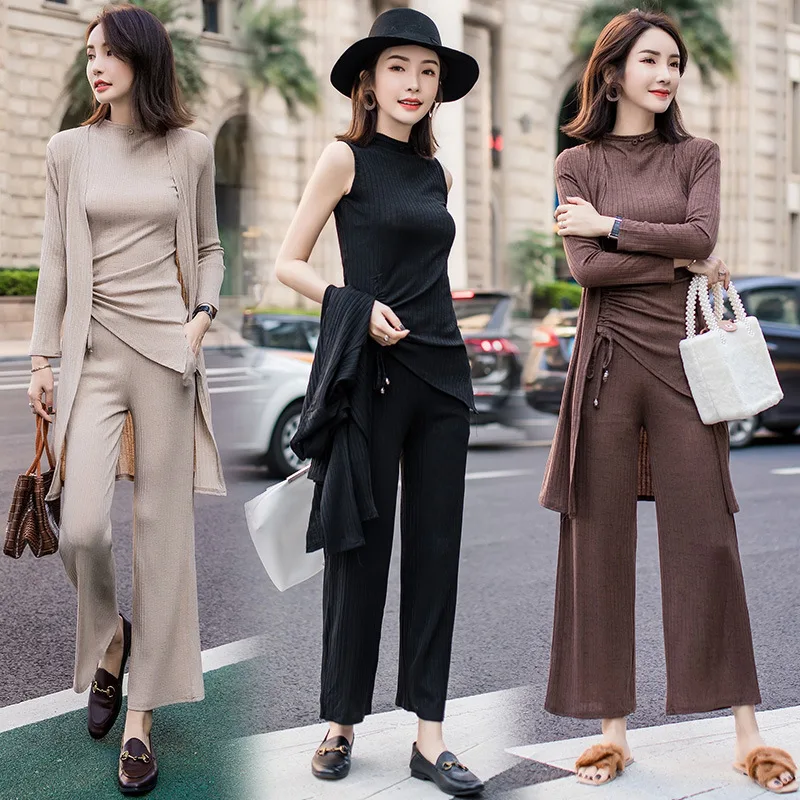 

Taotrees Early Autumn Female Temperament Vogue Medium-length Cardigans and Vest and Ankle-length Pants Knitted Three Piece Set