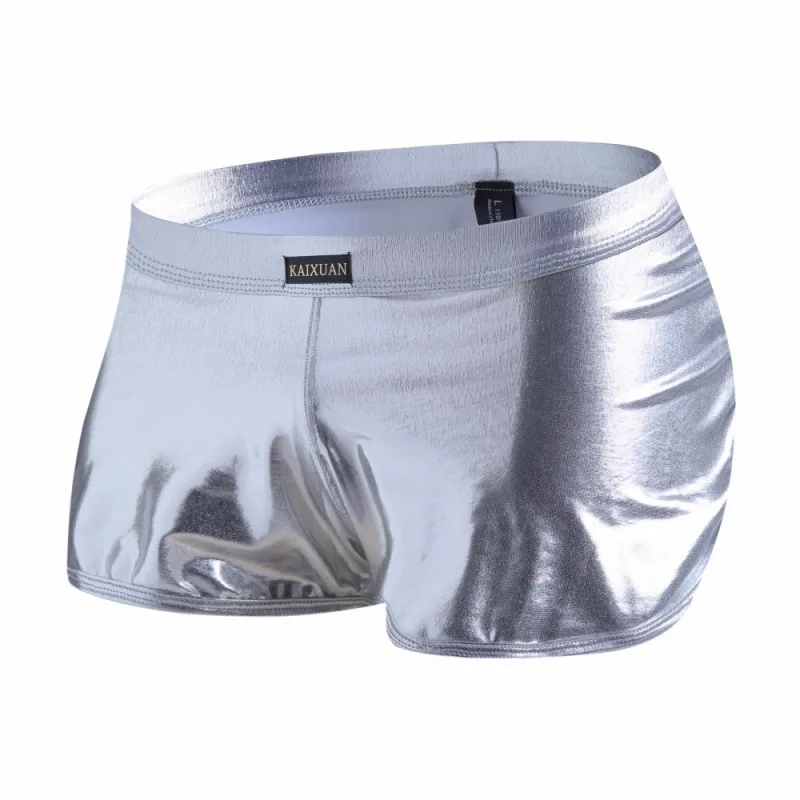Men PU Boxers Shorts Sexy Leg Split Underpants Faux Leather Gold Silver Stage Exotic Stage show night club Gay Underwear 5