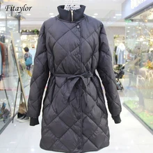 Fitaylor, зимняя женская куртка, ультра-светильник, 90% белый утиный пух, парка, Женская водолазка, воротник с поясом, тонкая длинная куртка, пальто