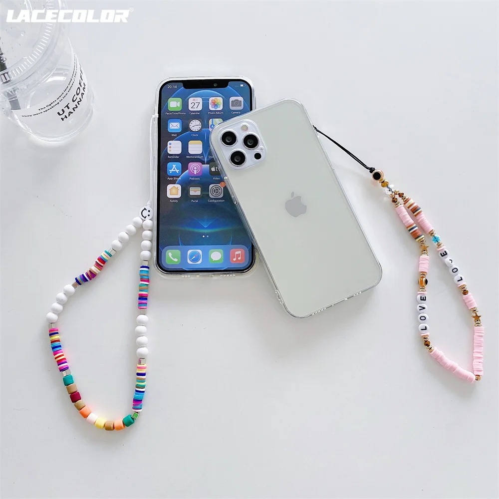 Colored Chain Beads Pendant Hand Strap Hang Case For iPhone 13 11 12 Pro X XR XS Max 7 8 Plus SE2 Mini Lanyard Charm Clear Cover iphone 13 pro max leather case