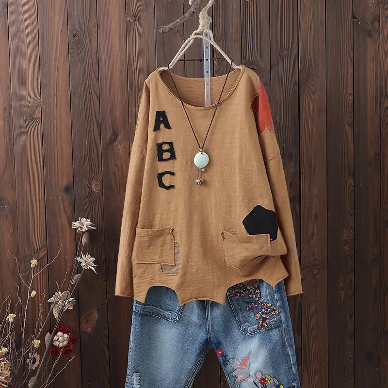 Женские повседневные футболки из 100% хлопка модные весенние Длинные свободные