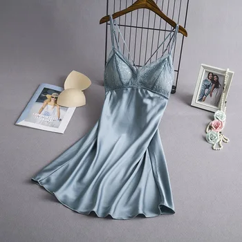 

Satin Sleepwear Women Sexy Spaghetti Strap Nightdress Lace Patchwork Homewear Nightgown Silky SleepDress Intimate Lingerie