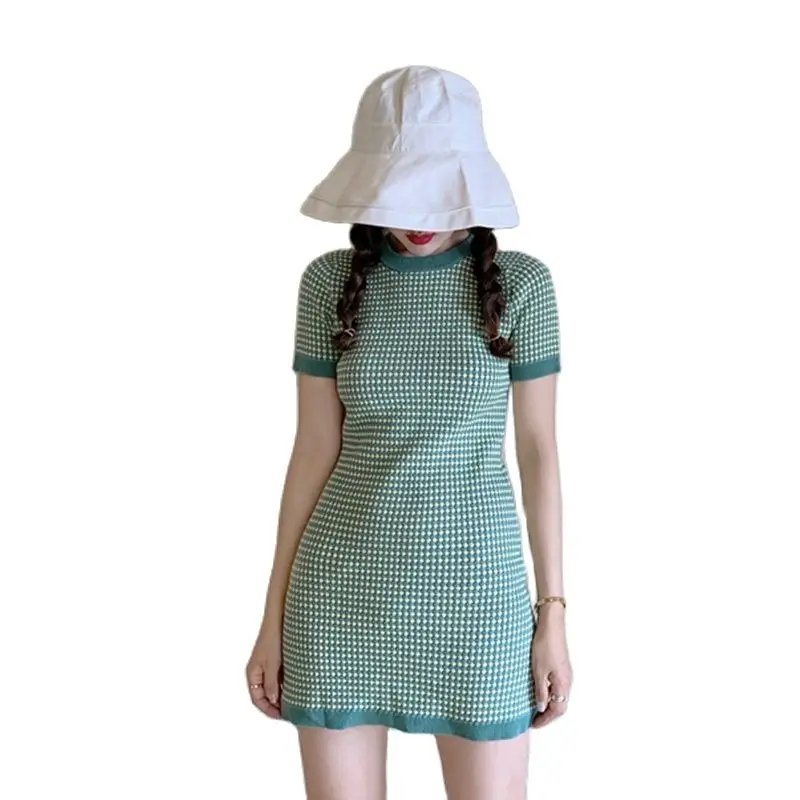 Retro Green Plaid Short Sleeve Dress Women High Waist Hip Bodycon Vestido O Neck Pullover 2021 Fashion Korean Ropa Temperament | Женская