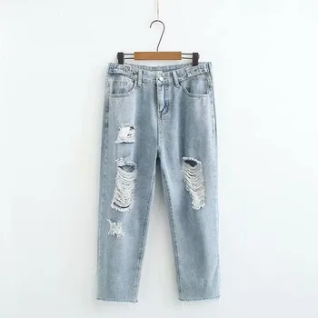 

Plus Size Women's Jeans Casual Straight Denim Pants with Holes Female Vintage Ripped Trousers